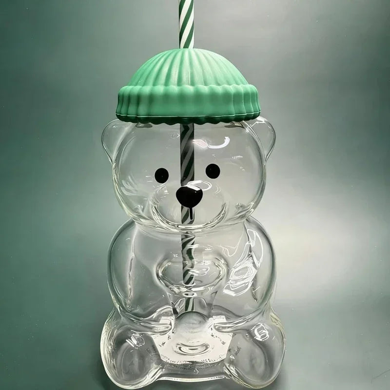 Cute Bear-Shaped Glass Bottle with Straw