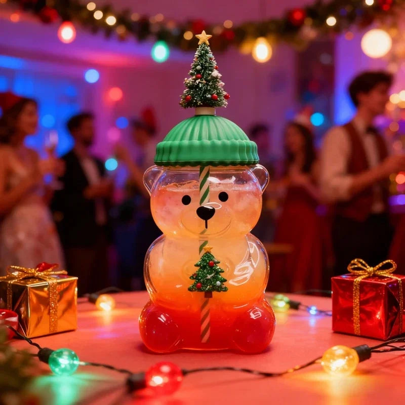 Cute Bear-Shaped Glass Bottle with Straw