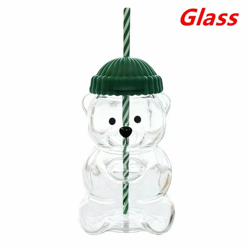 Cute Bear-Shaped Glass Bottle with Straw