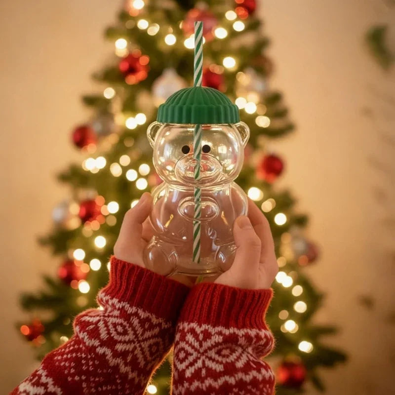 Cute Bear-Shaped Glass Bottle with Straw