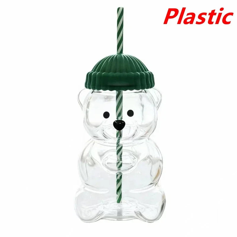 Cute Bear-Shaped Glass Bottle with Straw