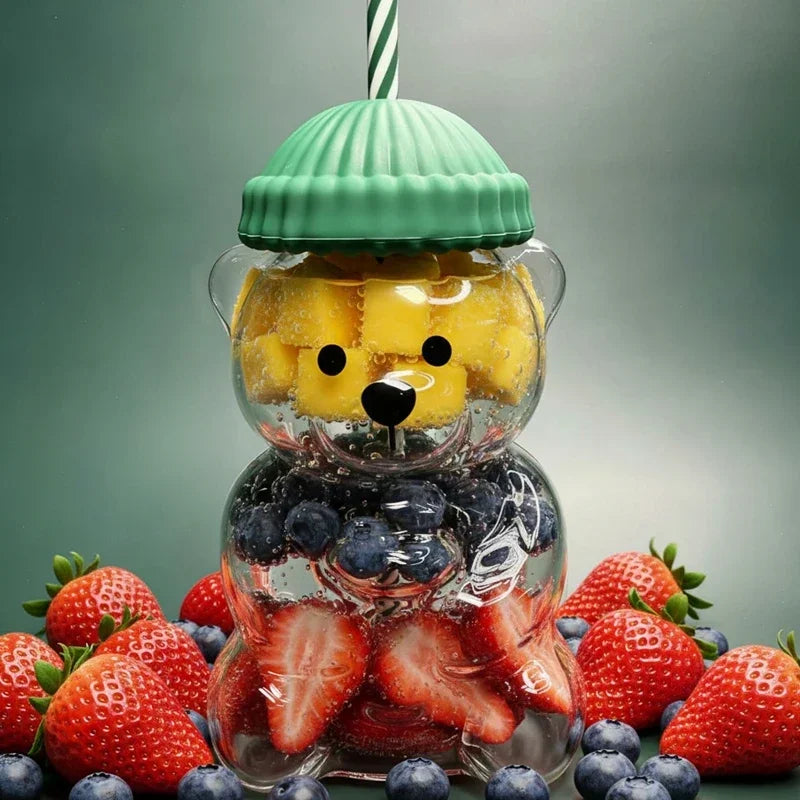 Cute Bear-Shaped Glass Bottle with Straw