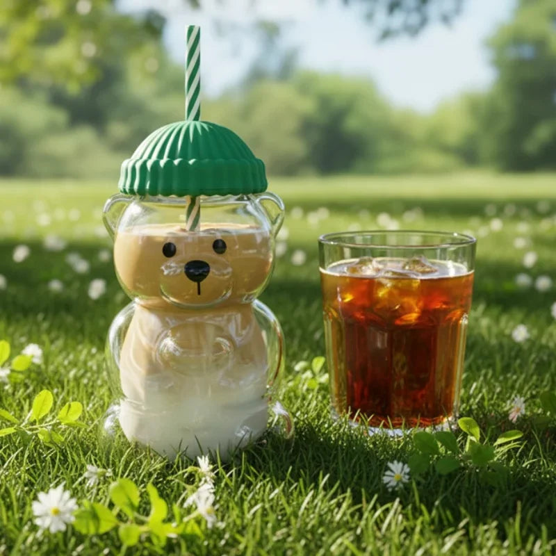 Cute Bear-Shaped Glass Bottle with Straw